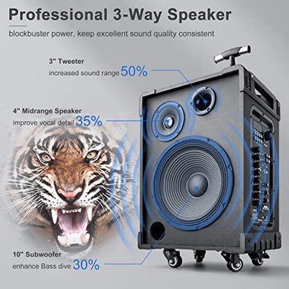 GTSK10-3 3-Way Portable Bluetooth PA Speaker System w/Wireless Mics – 10" Karaoke Speaker with Subwoofer, FM Radio, TWS, Rolling Wheels & Rechargeable Battery for Parties, Events, Game Day & Outdoors