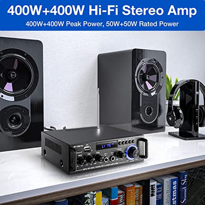 298Pro Stereo Audio Amplifier, MIC in w/Echo, Bass & Treble w/USB/RCA/FM | Max 400W Home 2 Channel Bluetooth 5.0 Wireless Power Amplifier, HiFi Sound Home Theater Audio System Home Stereo Receiver - style: MAX 400Wx2