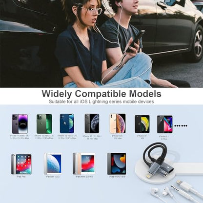 Lightning to 3.5mm Headphone Jack Adapter 【Apple MFi Certified】 2 in 1 iPhone Aux Audio & Charge Adapter, Phone Headphone Adapter Support Music+Charge+Mic+Control Compatible with iPhone 14 13 12 11