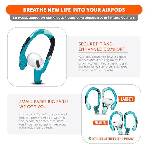 WC HookZ - Patented Upgraded Over Ear Hooks for AirPods Pro 1, 2 & AirPods 1, 2 & 3- Two Size Pairs Included in Package, Unique Left & Right Hook, Made by Wicked Cushions | Cyan Prism - color: Cyan Prism