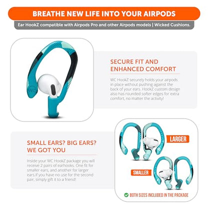 WC HookZ - Patented Upgraded Over Ear Hooks for AirPods Pro 1, 2 & AirPods 1, 2 & 3- Two Size Pairs Included in Package, Unique Left & Right Hook, Made by Wicked Cushions | Cyan Prism - color: Cyan Prism