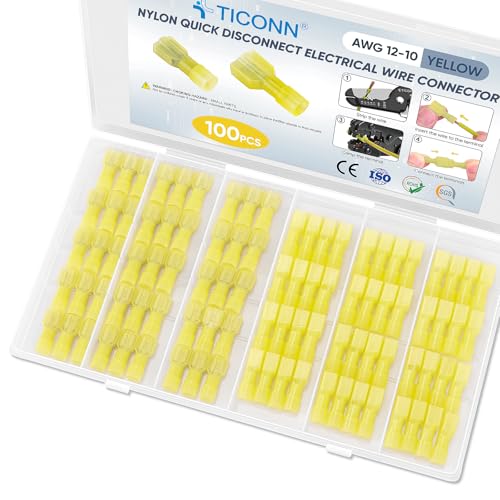 TICONN 100 Pcs Nylon Spade Quick Disconnect Connectors Kit, Electrical Insulated Terminals, Male and Female Spade Wire Crimp Terminal Assortment Kit (Yellow AWG 12-10) - style: Yellow 100Pcs