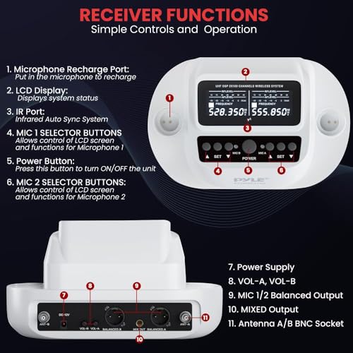 Pyle UHF Wireless Microphone System with Dual Handheld Mics, USB Rechargeable, Bluetooth Fixed Frequency Receiver, Low Noise DSP Audio, Plug & Play for Karaoke, Stage, Classroom, Office & DJ Use