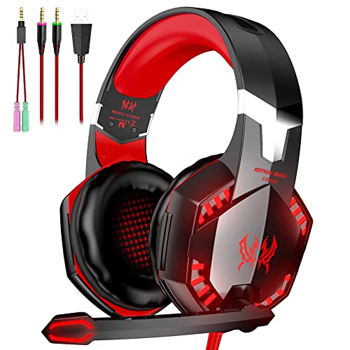 VersionTECH. G2000 Gaming Headset, Bass Surround Gaming Headphones with Noise Cancelling Mic, LED Lights, Soft Memory Earmuffs for PS5/ PS4/ Xbox One Controller/Laptop/PC/Mac/Nintendo NES Games-Red - color: Red