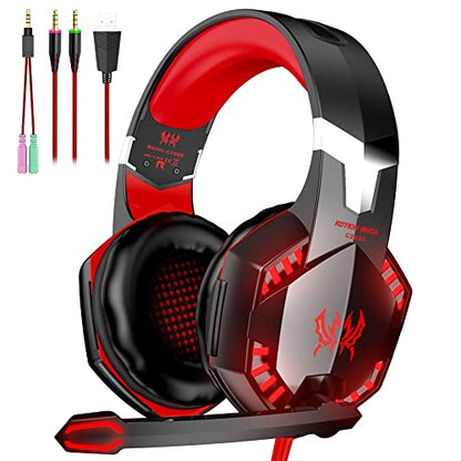 VersionTECH. G2000 Gaming Headset, Bass Surround Gaming Headphones with Noise Cancelling Mic, LED Lights, Soft Memory Earmuffs for PS5/ PS4/ Xbox One Controller/Laptop/PC/Mac/Nintendo NES Games-Red - color: Red