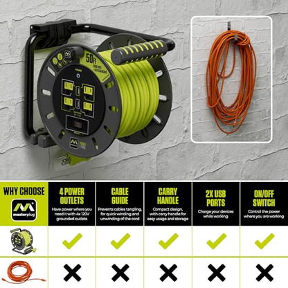 Masterplug 50ft Cord Reel, Retractable Extension Lead with Winding Handle, Safety Overload Circuit Breaker and Power Switch, 4X Grounded Outlets, 2X USB Ports, 13amps, 14AWG Cable - size: 50ft, style: 14 AWG