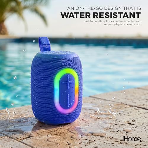 iHome Quest Wireless Portable Bluetooth Speaker with RGB Light | Water-Resistant, Built-In Carry Strap, TWS Pairing, Rechargeable Battery, USB-C Cable Included, True Stereo, Bluetooth 5.3 - color: Blue