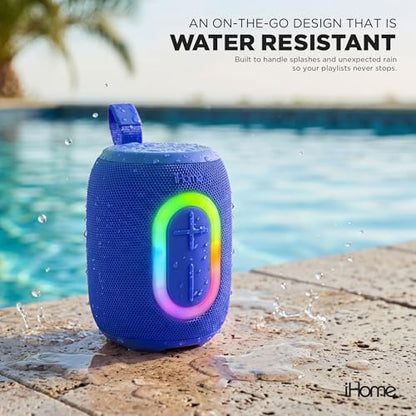 iHome Quest Wireless Portable Bluetooth Speaker with RGB Light | Water-Resistant, Built-In Carry Strap, TWS Pairing, Rechargeable Battery, USB-C Cable Included, True Stereo, Bluetooth 5.3 - color: Blue