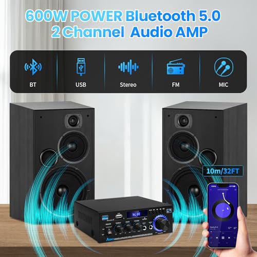 Bluetooth 5.0 Audio Amplifier Receiver AK45 HiFi Stereo Mini Power Amps | RMS 40W x 2 Max. 600W 2.0 Channel Home Theater Audio Components Speakers Amp W/MIC,USB, RCA,FM Radio - color: AK-45(2.0CH 40W+40W RMS)