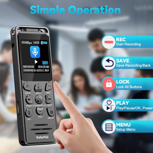Digital Voice Recorder with Playback, Volorful 80H HD Recording Device | External Microphone, AI Noise Reduction, One Touch Recording/Lock, Voice Activated, Password, Lecture Meeting Interview Class