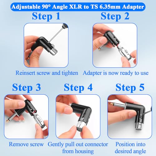 QIANRENON Adjustable 90° Angle XLR Female to 1/4 TS Microphone Adapter 3Pin X-lr Socket to TS 6.35mm Male Mono Unbalanced Right Angle Connector XLR Jack Position Tunable, for Guitar Amplifier Mixer