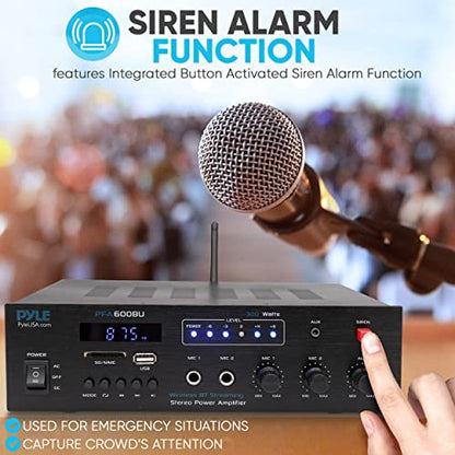 Pyle 300W Bluetooth Karaoke Amplifier - 2-Channel PA System with FM Radio - USB/SD - AUX - 2 Mic Inputs - Siren Alarm - 12V Power Option - Remote Control for Home, Car, and Bus Tours - PFA600BU