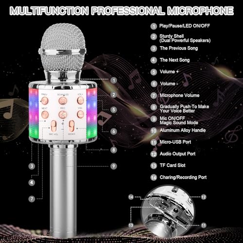ShinePick Karaoke Microphone, 4 in 1 Wireless Microphone with LED Lights Handheld Portable Karaoke Machine, Home KTV Player, Compatible with Android & iOS Devices (Silver) - color: silver