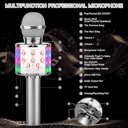 ShinePick Karaoke Microphone, 4 in 1 Wireless Microphone with LED Lights Handheld Portable Karaoke Machine, Home KTV Player, Compatible with Android & iOS Devices (Silver) - color: silver