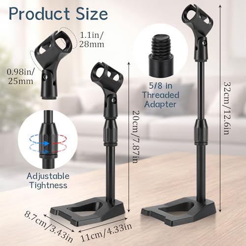 Hicarer 4 Pcs Desktop Mic Stand Height and Angels Adjustable for Diameter Max 1.18" Tabletop Mic Stand Microphone Desk Stands Metal U Shape Weighted Base for Podiums, Meeting Rooms(Black)