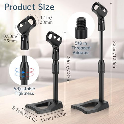Hicarer 4 Pcs Desktop Mic Stand Height and Angels Adjustable for Diameter Max 1.18" Tabletop Mic Stand Microphone Desk Stands Metal U Shape Weighted Base for Podiums, Meeting Rooms(Black)