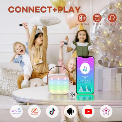 YLL Mini Karaoke Machine with 2 Wireless Microphones for Kids Adults, Portable Bluetooth Speaker Gift for Girls Boys Toys 3, 4, 5, 6, 7, 8, 10, 12+ Years Old Teens Birthday Home Family Party (Cream) - color: Cream