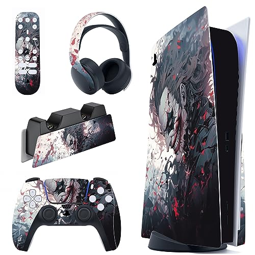 PlayVital for ps5 Skin - Disc Edition Full Set Console Controller Skin, Vinyl Decal Wrap Sticker Cover for ps5 Controller & Charging Station & Headset & Media Remote - Killing Clown