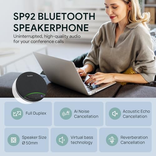 Yealink SP92 Conference Speaker and Microphone with AI Noise Cancellation, 20H Call Time, 13ft Pick-up, 360 Omni Mic 50mm Full-Duplex Speaker, Bluetooth 5.3 USB Speakerphone for Teams - color: Black- SP92 USB C/A (NO Dongle)
