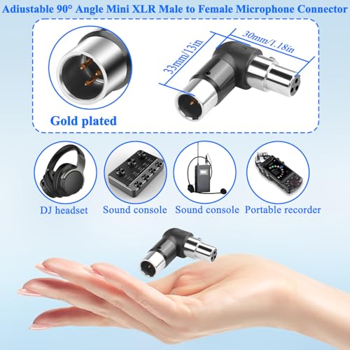QIANRENON Adjustable 90° Angle Mini XLR Microphone Adapter Gold Plated 3Pin Mini XLR Male to Female Right Angle Connector Extender, for Lapel-Mounted Wireless Mic Camcorder