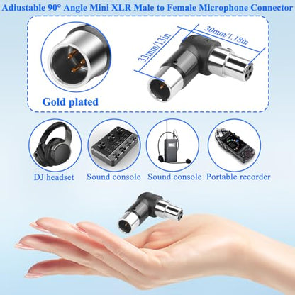 QIANRENON Adjustable 90° Angle Mini XLR Microphone Adapter Gold Plated 3Pin Mini XLR Male to Female Right Angle Connector Extender, for Lapel-Mounted Wireless Mic Camcorder