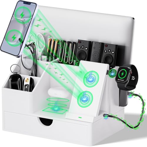 Sleek White PU Leather Charging Station with Drawer - 6-in-1 Multi-Device Desktop Organizer Docking Hub for iPad, Tablet, Laptop, Phone, Watch, Office Home Gift Idea - color: White