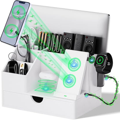 Sleek White PU Leather Charging Station with Drawer - 6-in-1 Multi-Device Desktop Organizer Docking Hub for iPad, Tablet, Laptop, Phone, Watch, Office Home Gift Idea - color: White
