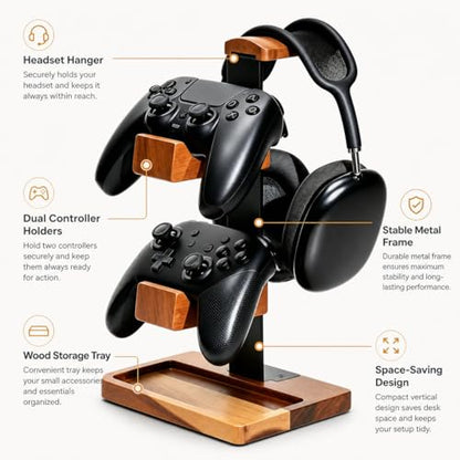 Acacia Wood Gaming Headset Stand & Dual Controller Holder, Solid Wood Desk Organizer Compatible with PS5, Xbox, Switch, Over-Ear Headphones, Gamer Gift for Men