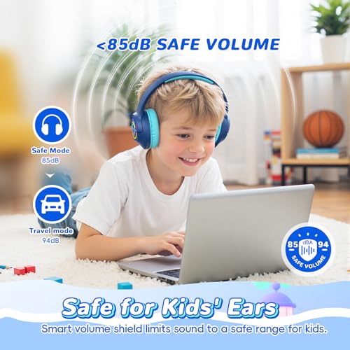 Kids Bluetooth Headphones with 85H Playtime for Toddler Boy, Navy with LED - color: Navy Blue