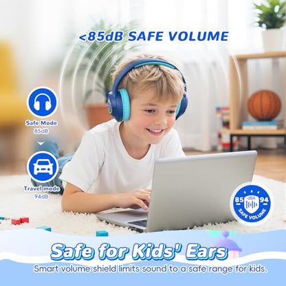 Kids Bluetooth Headphones with 85H Playtime for Toddler Boy, Navy with LED - color: Navy Blue