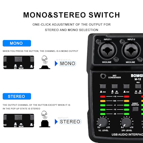 BOMGE M12 USB Audio Interface, 2-Channel Mixer, XLR/3.5mm Input, 48V Power Supply, Sound Card for PC Recording, Studio, Live Show, Karaoke, Plug&Play
