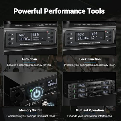 Phenyx Pro 4-Channel UHF Auto Scan Wireless Microphone System PTU-7000-2H2B | 2 Handheld Mics, 2 Bodypacks, Headset/Lapel Mics, 4 x 40 Frequencies, 328 ft, Mics for speaking, church, wedding, meeting
