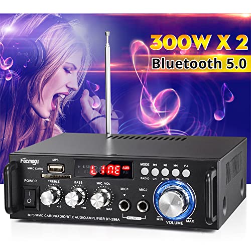 Facmogu 298A 2채널 블루투스 5.0 오디오 앰프 300W 무선 앰프 | FM, AUX, USB, SD, 마이크 입력이 있는 스테레오 수신기 | 트레블 및 베이스 포함 | 홈 시어터 스피커, 노래방, 차고용 - style: 최대 300Wx2