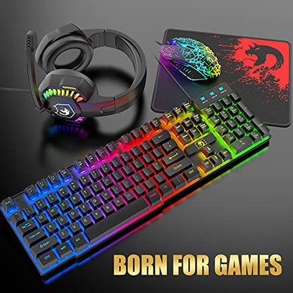 Wired Gaming Keyboard and Mouse Headset Combo,Rainbow LED Backlit Wired Keyboard,Over Ear Headphone with Mic,Rainbow Backlit Gaming Mice,Mouse Pad,for PC,Laptop,Mac,PS4,Xbox(Black) - color: Black
