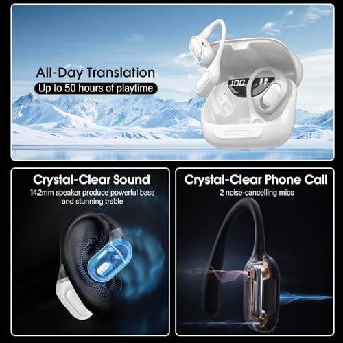 Open Ear Headphones, Bluetooth 5.4 Wireless Earbuds, White | HiFi Stereo with HD Mic, 50H LED Power Display Air Conduction Earbuds, AI Translation Earbuds Real Time for Sports Working - color: White