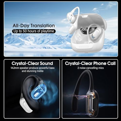 Open Ear Headphones, Bluetooth 5.4 Wireless Earbuds, White | HiFi Stereo with HD Mic, 50H LED Power Display Air Conduction Earbuds, AI Translation Earbuds Real Time for Sports Working - color: White