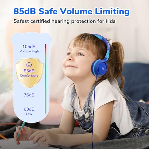 EarFun S1 Kids Headphones, Foldable Wired Headphones for Kids, Lightweight | Stereo Sound, Adjustable Headband, 85dB Volume Limit, Portable On-Ear Headphone for School/Travel/Boys/Girls/PC/Tablet, Blue - color: Blue