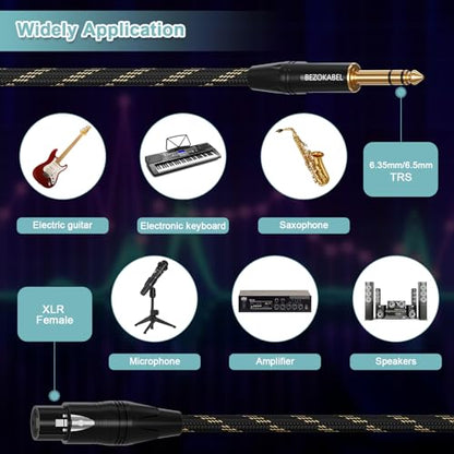 XLR to 1/4 Inch (6.35mm) TRS Cable, Balanced XLR Female to 1/4 | 10FT 2Pack, Quarter Inch to Microphone Cable Nylon Braided Cable, Gold-Plated Connectors - size: 10ft 2Pack, style: XLR Female to 6.35