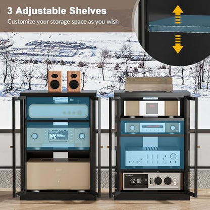 Metal Media Cabinet, 4-Tier Stereo Cabinet with Glass Doors & Adjustable Shelves, Audio AV Rack with Cable Management, Black - color: Black, style: FloorSeal