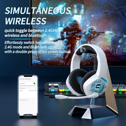 BINNUNE Wireless Gaming Headset for PS5 PC, 120H Ultra-Long Battery, 2.4GHz & Bluetooth 5.3 Wireless Headphones with Noise Canceling Mic, 50mm Drivers, Comfort Over Ear Gaming Headphones,White - color: White