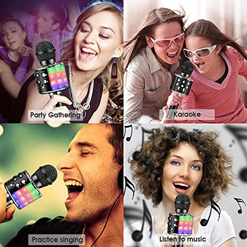ShinePick Karaoke Microphone, 4 in 1 Wireless Microphone with LED Lights Handheld Portable Karaoke Machine, Home KTV Player, Compatible with Android & iOS Devices(Black) - color: black