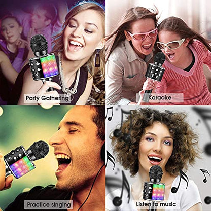 ShinePick Karaoke Microphone, 4 in 1 Wireless Microphone with LED Lights Handheld Portable Karaoke Machine, Home KTV Player, Compatible with Android & iOS Devices(Black) - color: black