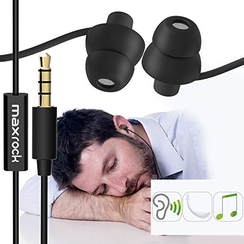 MAXROCK (TM Unique Total Soft Silicon Sleeping Headphones Earplugs Earbuds with Mic for Cellphones,Tablets and 3.5 mm Jack Plug (Black) - color: Black