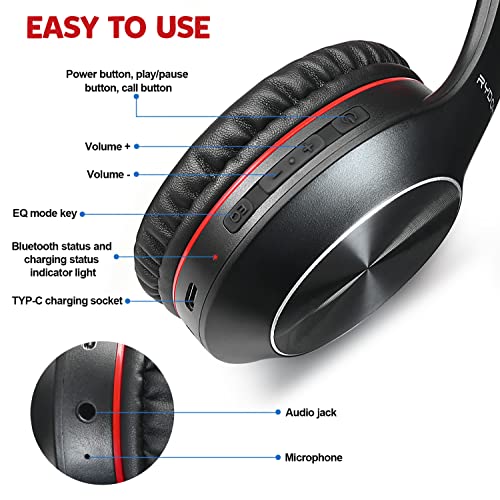 Rydohi Bluetooth Headphones Over Ear,68H Playtime and 3 EQ Music Modes Wireless Headphones with Microphone/Deep Bass, HiFi Stereo Foldable Lightweight Headset for PC Home Travel Office (Black Red) - color: Black Red