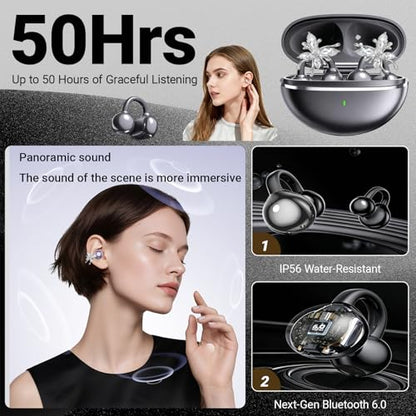 2026 New Jewelry-Inspired Clip-On Earbuds with Detachable Sparkle Butterfly Earrings, Bluetooth 6.0, Cute Wireless Headphones for Women, 50H Playtime, Low Latency, Sports & Workouts (Black) - color: Black