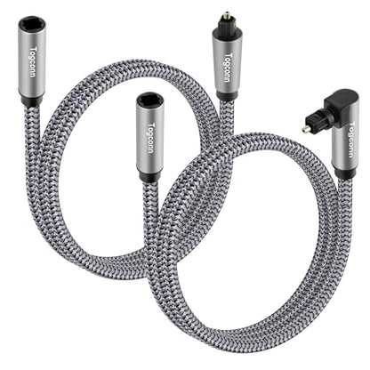 Optical Extension Fiber Digital Cable Adapter 2 Feet (2 Pack), 90 Degree Right Angle & Straight Male to Female Coupler, Toslink Audio Cable, Nylon Braided for Home Theater, Soundbar, TV and More - size: 2 Feet
