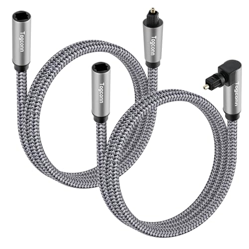 Optical Extension Fiber Digital Cable Adapter 4 Feet（2 Pack）, 90 Degree Right Angle & Straight Male to Female Coupler, Toslink Audio Cable, Nylon Braided for Home Theater, Soundbar, TV and More - size: 4 Feet