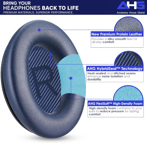 AHG QC45 Ear Pads Compatible with Bose QuietComfort 45 35 QC35 II QCSC QCSE | Midnight Blue | Easy DIY Fit | Premium Protein Leather | Extra Thick | Soft High-Density Foam - color: Midnight Blue