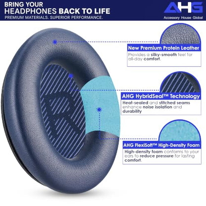 AHG QC45 Ear Pads Compatible with Bose QuietComfort 45 35 QC35 II QCSC QCSE | Midnight Blue | Easy DIY Fit | Premium Protein Leather | Extra Thick | Soft High-Density Foam - color: Midnight Blue