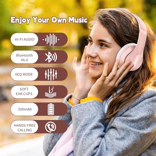 Wireless Bluetooth Headphones Over Ear V6.0 HiFi Stereo with Mic | 65H Playtime 6EQ Modes Foldable Bluetooth Headset with Microphone for Travel Smartphone Computer Laptop Rose Gold - color: Rose Gold
